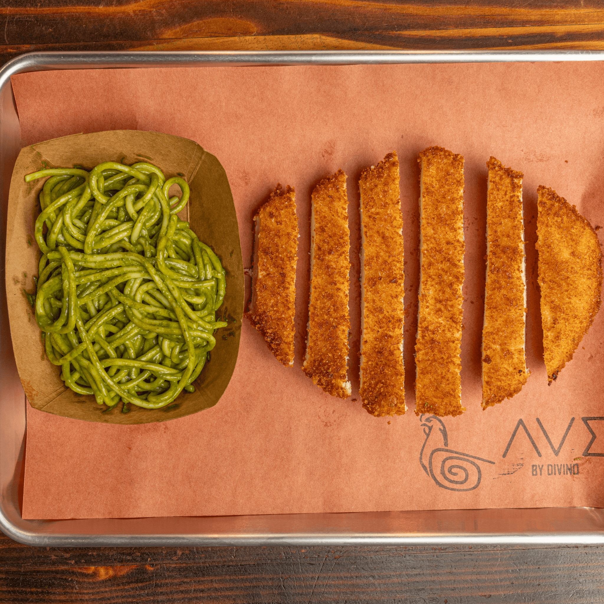 Pesto spaghetti with chicken.