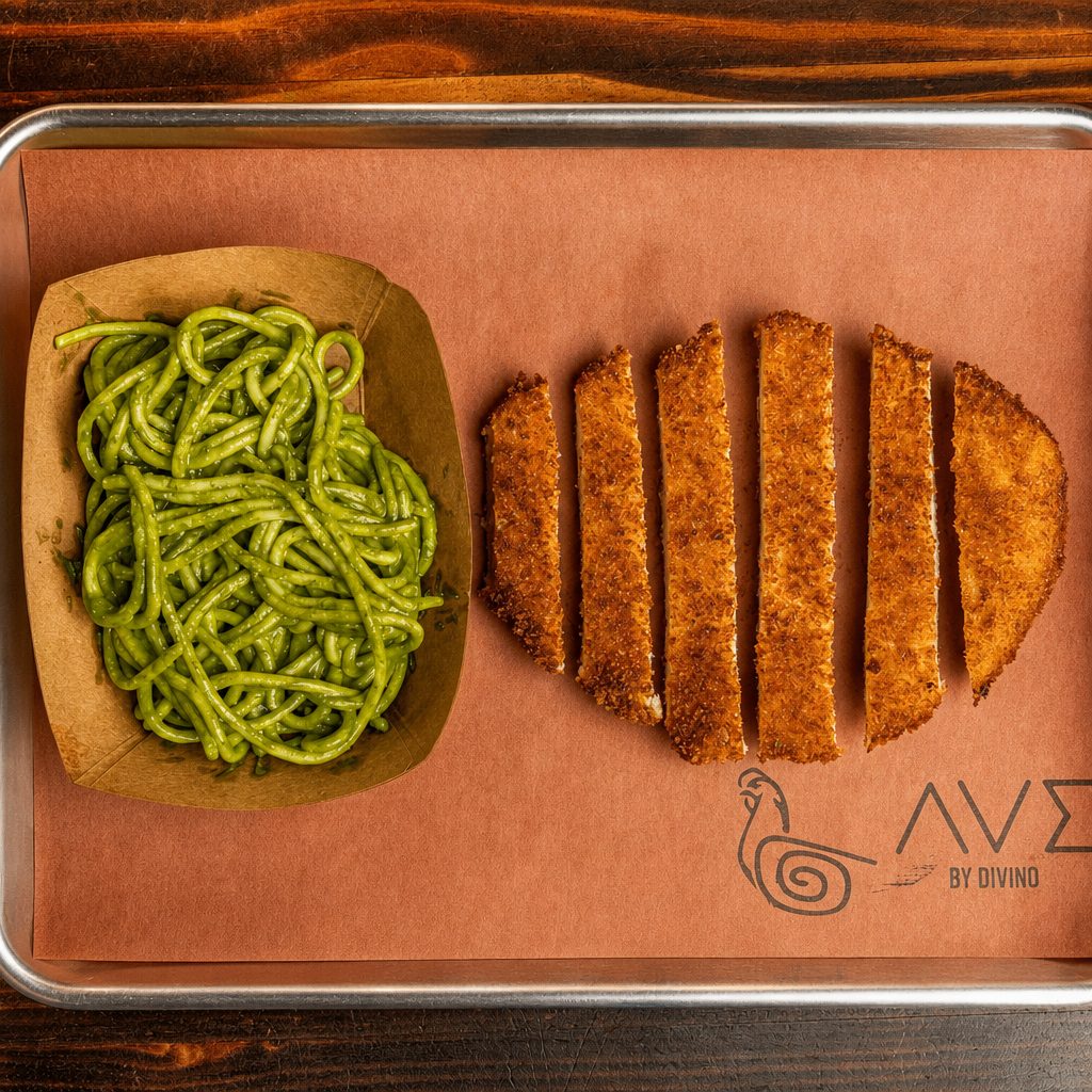 Pesto spaghetti with chicken.